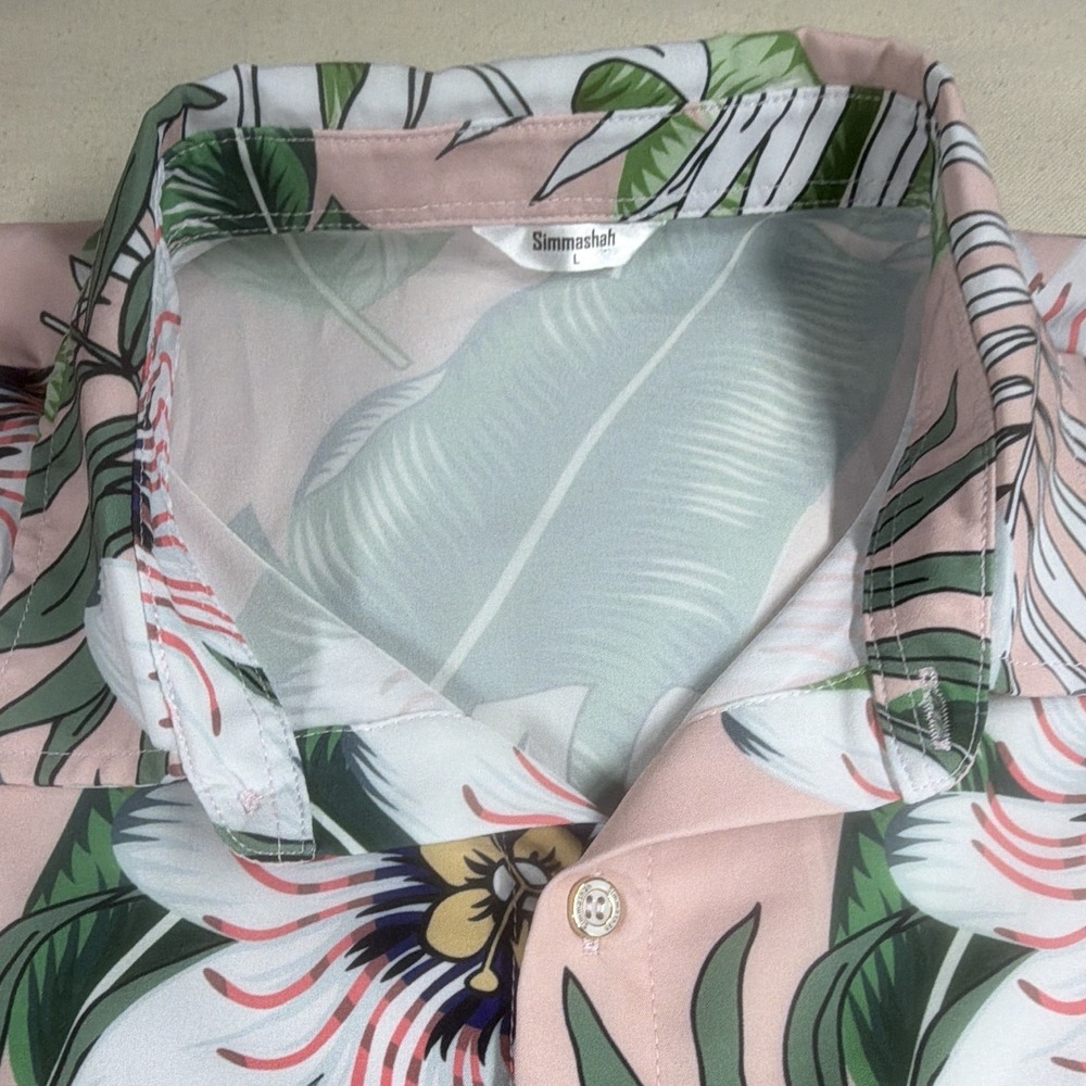Simmasshah Men's L Regular Pink Green Tropical Floral Short Sleeve Button-Up